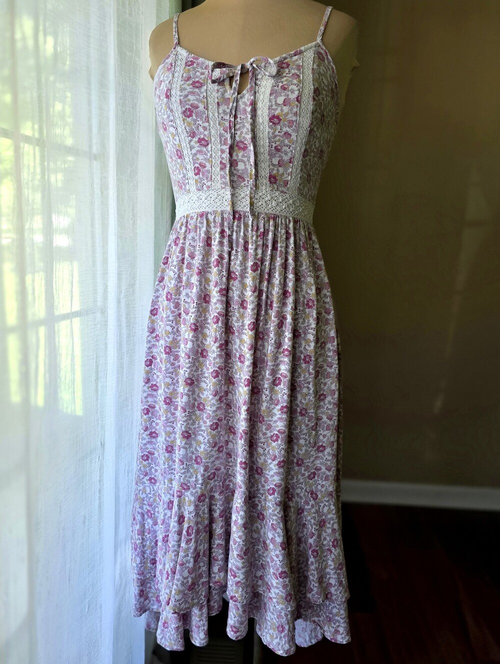 Floral Rayon High Low Dress Tiered Ruffle Lace Cottagecore Prairie Womens Small